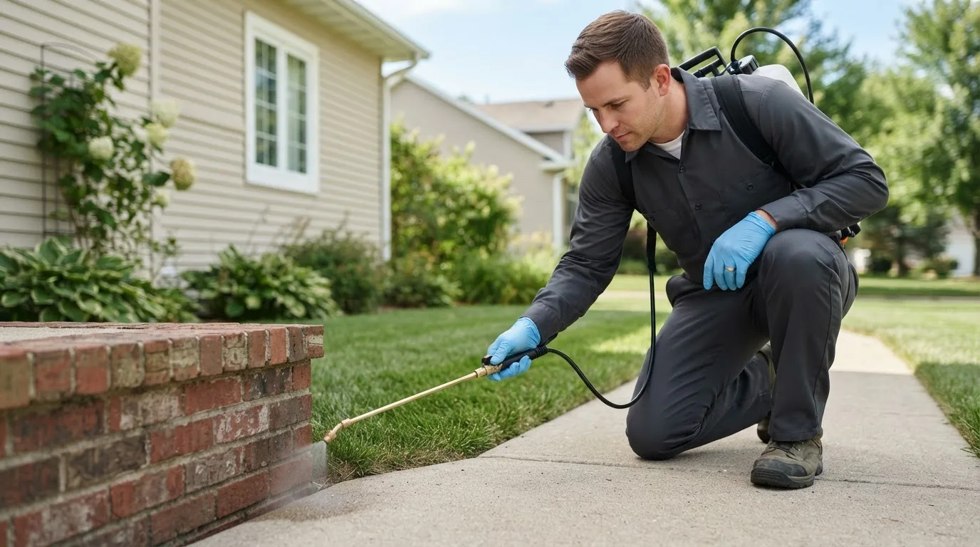 Pest control technician treating a home near Dickeyville, WI