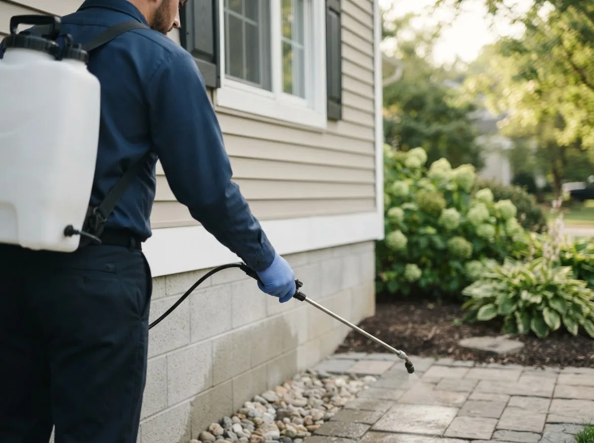 Pest control technician inspecting a home in Dickeyville, WI